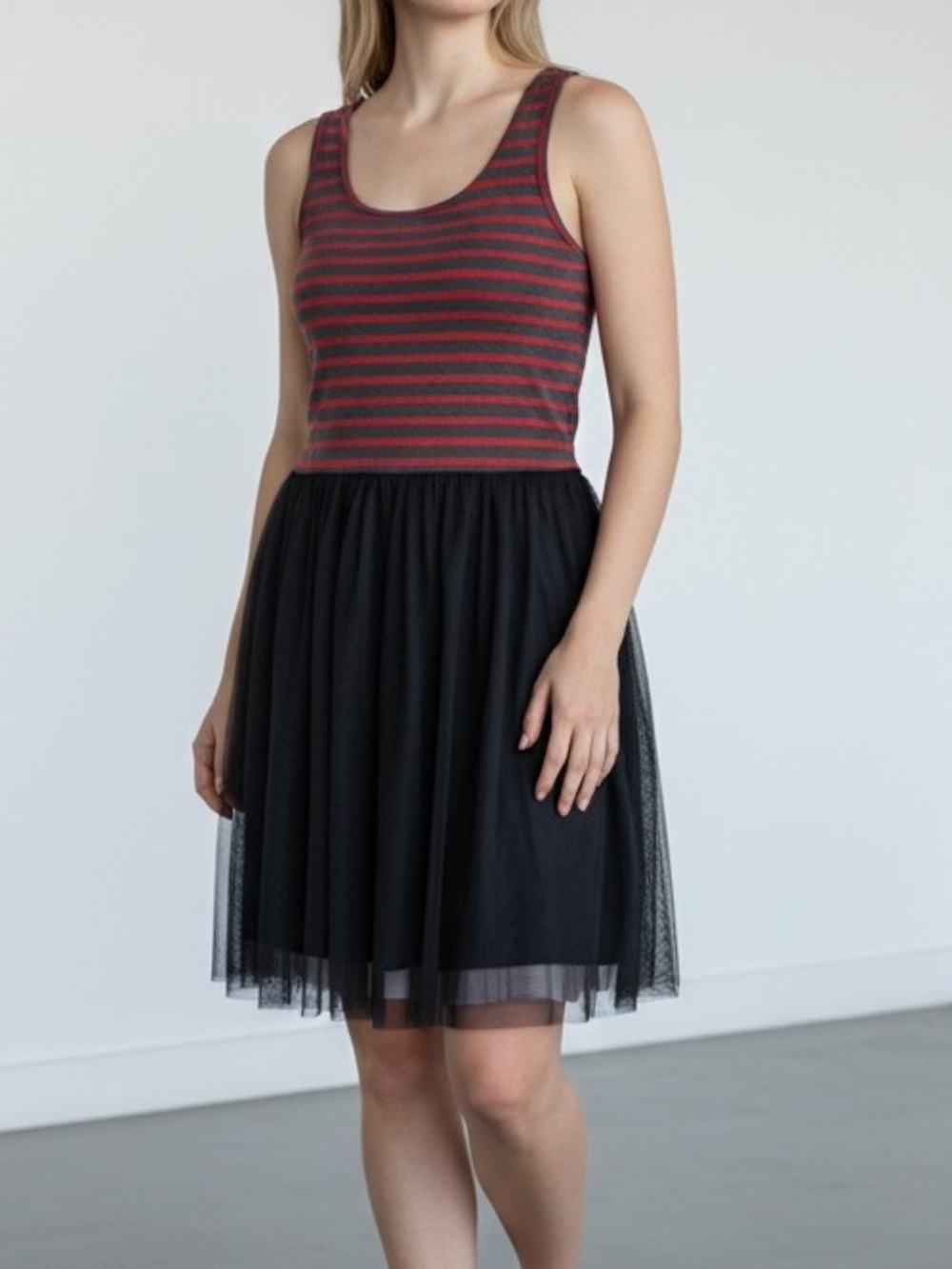 Matilda Jane Red and Black Striped Tank with Dark Gray Tulle Skirt NWT